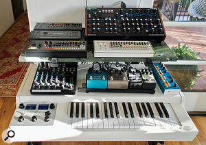 Haynie is a huge fan of his Mellotron, which, he says, was used extensively on Lana Del Rey’s Born To Die. Also visible in this shot are, from top left, Roland Boutique JP‑08, D‑05, TR‑08 and TR‑09, Novation Peak, Strymon Blue Sky and Deco pedals, Earthquaker Devices Ghost Echo and Afterneath pedals, and a Koto synthesizer.