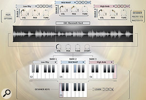 The Loop Designer. Here, the basic style of loop is chosen for each Bank. The C1-B1 Designer Keys, which trigger all three Banks together, can be customised individually to trigger specific loops in each Bank. Each individual loop has its own Volume, Pan, Tune and Start parameters, allowing for endless permutations.