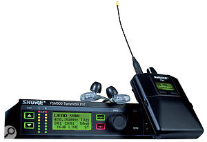 A typical in-ear monitoring system, comprising a half-width rack radio transmitter, a belt-pack receiver and a set of earbuds.