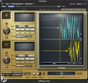 In this screenshot, InPhase's graphical display reveals the slight delay between two overhead mics at different distances from the kit.