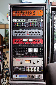 Much of Rik Simpson’s gear from The Beehive was transported repeatedly across the Atlantic during the album sessions, hence the robust flightcases! The left rack, from top, contains the Vertigo Sound VSM2, SSL bus compressor and GML 8200 EQ, which were used across the master bus for the final mix, plus a Retro Instruments 2A3 equaliser, Thermionic Culture Vulture distortion box and Phoenix compressor, Teletronix LA2A compressor, Empirical Labs Distressor compressors (x2) and Eventide H8000FW multi–effects unit.