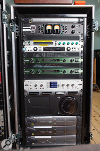 The right rack contains, from top: Avid HD MADI interface, Shadow Hills Oculus, Crane Song HEDD 192, UA Apollo Quad, Burl B2 Bomber A–D and D–A converters, Antelope Isochrone clock, rackmounted Apple Mac Pro computer and Avid HD I/O interfaces (x3). 