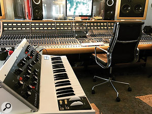 The console at Riksmixningsverket, with Benny Andersson’s custom white Minimoog.