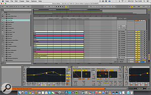 Most of the album was mixed by the Haxan Cloak, though on ‘Stonemilker’, the beats from his mix were married with the vocals and strings mixed by Chris Elms. This Ableton Live screen shows his treatment of the ‘melodic dots’ track.