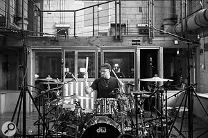 Architects drummer Dan Searle goes for a take in the Wood Room at Real World Studios.