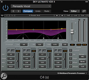 Among the many plug‑in effects on the vocal bus was Waves’ C4 multiband parametric processor.