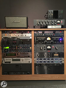 Soulfuel Studios’ outboard racks (left rack from top): Marshall Stanmore aux reference speaker, Dangerous Music Monitor ST monitor controller, Hearback monitor hub, Studio Electronics SE1X, Roland XV5080 and Korg Triton Rack synth modules, MOTU MIDI Express XT interface; (right) API Lunchbox with 512B modules, Retro Powerstrip channel strip, Lucid Genx6 96 clock, BAE 1073 and Groove Tubes ViPre preamps, Retro Sta-Level and Kenetek 1176LN compressors, RME Fireface 800 (x2) and MOTU MIDI Express XT interfaces.