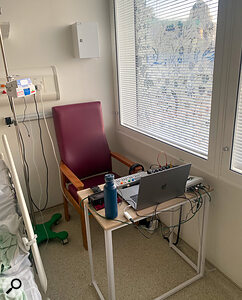 The hospital bedside setup on which James Ford made Lost In Another World.