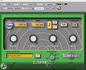 Quarter–note and eighth–note delay effects on the vocals were provided by Line 6's Echo Farm, with Waves' S1 Stereo Imager used to "get the delay just a  little bit out of phase".