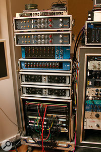 Robert Carranza's outboard gear includes, from top: Drawmer MX50 de–esser, Neve 1073 channel strips (x4), API 512 preamps (x8), API L200 preamps (x12), Universal Audio 2–610 channel strips (x2).