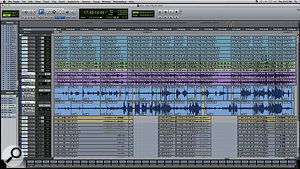 The complete Pro Tools Edit window for the duet between Tony Bennett and John Mayer, 'One For My Baby (And One More For The Road)'. The two large, edited tracks in the centre are the vocal comps; above them are the tracks for the jazz quartet, and below them the big band that was added later. Note how many of the edits were made across both the quartet and the vocal tracks. Spill from the other instruments is clearly visible on the vocal parts.