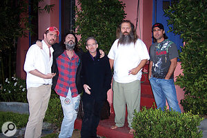 Producer Rick Rubin and the band outside his Akademie Mathematique studio. From left: Matt Sweeney, Mike Campbell, Benmont Tench, Rick Rubin, and engineer Dan Leffler.