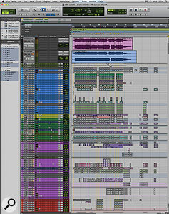 This composite screenshot shows the entire Pro Tools Session for 'Green'. Note the extensive colour-coding and use of groups (as shown at left).