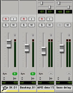 The final Pro Tools Session included four bass tracks: the original miked and DI'd recordings, and duplicates treated with AMS hardware and Sound Toys (right) software delays. 