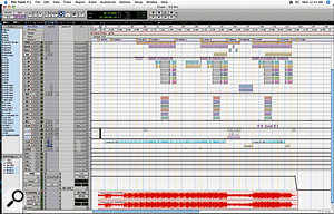 The Pro Tools Edit Window for 'Closer'. Although the song contains relatively few instrumental tracks, the track count has been bumped up by Kevin Davis's liberal use of Aux tracks and his tactic of duplicating vocal tracks to apply special effects to them. At the bottom you can see the stereo track onto which the final mix has been recorded.