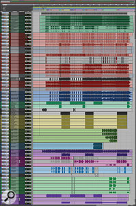 This composite screenshot shows the Pro Tools Session from 'Adolescents'. The tracks are colour-coded: bounced mixes (top) in green, then drums (red), bass (blue), guitars (various shades of green), Wurlitzer piano (purple), lead and backing vocals (pink, blue and green) and finally tambourine and sandpapered ping-pong bats (purple). 