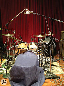 This rather blurry cameraphone photo from the Blackbird sessions shows Tony Royster Jr's drum kit, with M/S pair as overhead and Sennheiser MD421s on each tom.