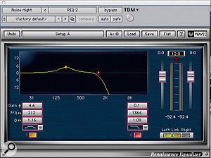 A percussion loop was gated and EQed to sit beneath the live drums.