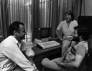 John Chowning (left) with Patte Wood and Jonathan Berger, 1984.