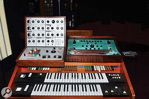 Two quirky analogue synths separated by 40 years: Jarre’s EMS VCS3 (left) and Dewanatron Swarmatron (right). 