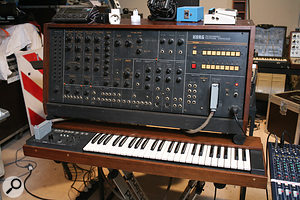 Some of the desirable modular and semi–modular synths used on both the original and the recreated <em>Oxygene</em>. From top left, clockwise: Korg PS3200,  ARP 2500, ARP 2600 (two were used) and Moog modular. 