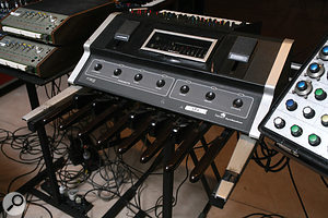 A Moog Taurus bass synth, stand–mounted for playing by hand rather than foot!