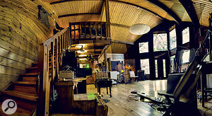 This panoramic photo shows the huge cedar-lined live area at Jonathan Wilson's Fivestar studio.