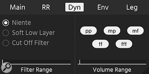 The Dynamics tab allows you to deactivate certain dynamic layers to force an instrument's response into a selected dynamic range. The 'Niente' setting causes the instrument to be silent at the lowest velocity setting, which is good for creating very slow, subtle crescendos!