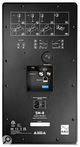 The SM‑8 can accept analogue audio via a balanced combi jack/XLR socket, or digital AES3 via BNC connectors. The Ethernet port allows for connection to a computer running the Kali Control Panel software.