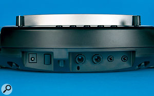 The Wavedrum's rear panel hosts connections for the 9V power supply, quarter-inch left and right outputs, and headphone out and aux in, the last two on 3.5mm sockets.