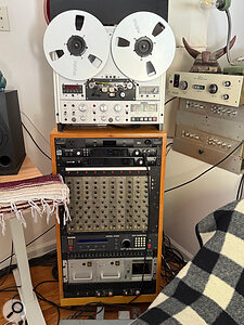 Vintage and modern gear side by side in Lang’s rack. From top: Studer tape machine, Furman power conditioner, UA Apollo x8p and x16 audio interfaces, rack of 10 input channels made by Oliver Archut, and Eventide H3500 Harmonizer, with a pair of rackmounted Neumann input modules at the bottom.