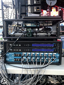 A typical rig includes MOTU or Universal Audio interfaces, Radial SW8 automatic switchers and iConnectivity MIDI interfaces.