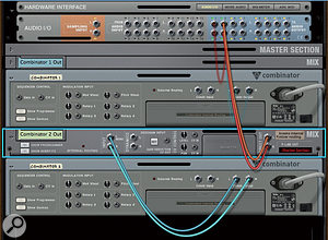 1: In this Reason rack, the stereo audio output (Direct Out) from Combinator 2's Mix Channel, renamed 'Combinator 2 Out', is cabled directly to Audio I/O outputs 3 and 4. Combinators, such as Combinator 1 here, that are not directly cabled will have their outputs mixed in Reason, with the mix being sent to the main output — Audio I/O outputs 1 and 2. You can use Live External Instrument devices to send MIDI data separately to any such Combinators, but all except one of the External Instruments should have their 'Audio From' set to 'None', to avoid duplication.