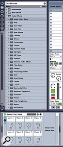 Live's Audio Effects Rack allows you to drag in and drop Live and/or third party plug-ins. Once you have your effects and amps arranged here, and have Macro-mapped the controls, you can name the Rack and save it to your Library. 