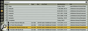 1: Live's Browser, as displayed here, shows all available columns. You can hide or show columns by right-clicking and rearrange them by dragging. (I prefer to show only the Name column and reveal others as the need arises.) Clicking on a column header sorts by that column. The white banner at the top doubles as a drop-down menu to browse other locations. The icons along the left let you hide the Browser as well as view Live device presets, third-party plug-ins, three user-defined file locations and the Hot-swap Browser.