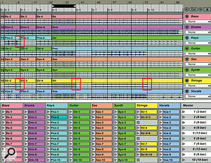 1: The arrangement at the top has been captured in the 10 Scenes shown in the Session view at the bottom. The Scene numbers match the Arrangement view Locator numbers, and all of the clips were Consolidated from the areas between adjacent Locators. The red boxes indicate clips with tails that may pose a problem when looping. When necessary, you can merge those clips to create one-shots, as was done here with three strings clips.