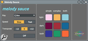 Screen 4: Melody Sauce offers nine algorithms for generating MIDI sequences at the click of a button.