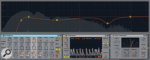 2: Live 9's EQ Eight, Compressor and Gate (not shown) devices feature enhanced displays and reworked engines. In particular, you can expand EQ Eight's display and manipulate the bands graphically in a variety of new ways. The new Glue Compressor features parallel compression, ultra-fast attack and soft clipping.