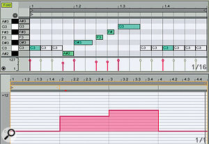 2: This one-bar, 16th-note step sequence uses velocity and note length to emulate a step sequencer's velocity, gate time and tied note options. The unlinked, four-bar controller lane at the bottom automates a Live Pitch device to transpose successive one-bar repetitions of the step sequence.