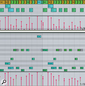 At the top, the low-velocity hi-hat events in this two-bar converted-to-MIDI drum loop are drag-selected in the velocity lane and then deleted. At the bottom, the remaining events have been hand edited to re-fashion the drum loop. 