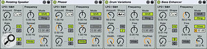 2: These four Frequency Shifter panels show setups for rotating speaker, phaser, drum processor and bass enhancement effects.