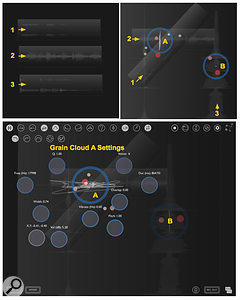 Screen 2: Three audio clips are imported (top-left); moved, resized and rotated (top-right) and played by two grain clouds (bottom).