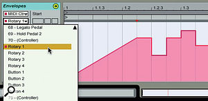 3: The MIDI Ctrl drop-down menu for Live's Clip Envelopes shows the Combinator Rotaries and Buttons by name when the Live track is routed to a Combinator. You can then draw in control curves as illustrated here. 