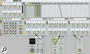 3: The step sequencer (middle) uses separate MIDI Effect Racks for velocity, note length and pitch. The Macro Knobs of each rack set the eight steps of the sequence. The Scale effect (named 'Trigger Display') at the left is a visual aid: the orange squares turn green in response to incoming notes. Setup for the Velocity rack's chains is shown at the top, with the Velocity, Note Length and Pitch effects at bottom.