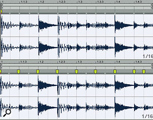 Transient markers correctly identify new sonic events at most 16th notes (top), but setting Warp Markers for 8th-note slices, with one 16th-note slice at the end (bottom), turned out to be more musically useful for this clip.