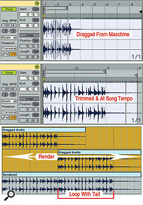 3: Audio dragged from Maschine has the wrong Warp tempo and sequence length (top). After adjusting those (middle), you can render the loop with an overlapping tail (bottom).