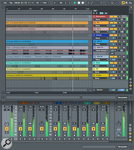 Screen 2: Each of the tracks of a finished song has been converted to an audio clip spanning the full length of the song. You can edit the resulting tracks and Groups before mastering and rendering the song.