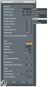 Screen 3: Live's Export Audio/Video dialogue lets you render all or selected tracks in your Set in a variety of audio and video formats, with some basic audio processing options.