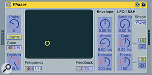 A Phaser effect on the audio track, with its Frequency control mapped to an external MIDI controller.