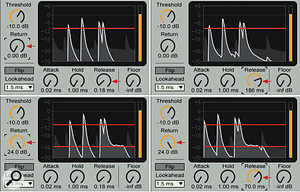 Used together, Gate's Return and Release controls allow much more precision in sculpting what passes and what is blocked. With no Return and minimal Release, only the peaks get through (top left). Increasing Release by itself lets tails of all events through (top right). Increasing Return by itself blocks all but the last tail (bottom left) and then increasing Release lets more of that last tail through (bottom right).